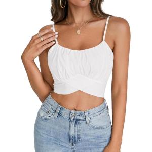 imageLYANER Womens Summer Square Neck Spaghetti Strap Wrap Tie Up Back Crop Top Cami BlouseWhite