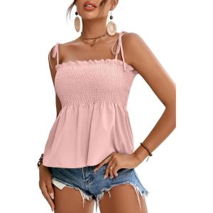 imageLYANER Womens Tie Shoulder Frill Shirred Ruffle Hem Sleeveless Strappy Cami Blouse Peplum TopBaby Pink