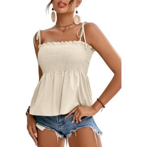 imageLYANER Womens Tie Shoulder Frill Shirred Ruffle Hem Sleeveless Strappy Cami Blouse Peplum TopBeige