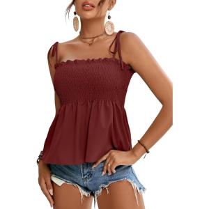 imageLYANER Womens Tie Shoulder Frill Shirred Ruffle Hem Sleeveless Strappy Cami Blouse Peplum TopBurgundy