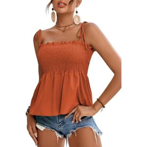 imageLYANER Womens Tie Shoulder Frill Shirred Ruffle Hem Sleeveless Strappy Cami Blouse Peplum TopBurnt Orange