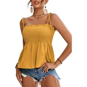 imageLYANER Womens Tie Shoulder Frill Shirred Ruffle Hem Sleeveless Strappy Cami Blouse Peplum TopGinger