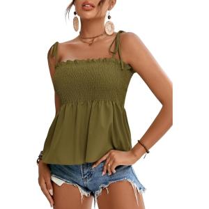 imageLYANER Womens Tie Shoulder Frill Shirred Ruffle Hem Sleeveless Strappy Cami Blouse Peplum TopOlive Green