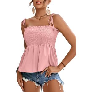 imageLYANER Womens Tie Shoulder Frill Shirred Ruffle Hem Sleeveless Strappy Cami Blouse Peplum TopPink