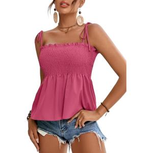 imageLYANER Womens Tie Shoulder Frill Shirred Ruffle Hem Sleeveless Strappy Cami Blouse Peplum TopRose