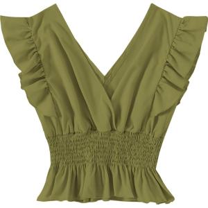 imageLYANER Womens V Neck Ruffle Cap Sleeve Shirred Blouse Sexy Crop Tank TopArmy Green