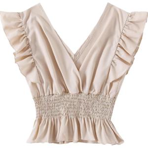 imageLYANER Womens V Neck Ruffle Cap Sleeve Shirred Blouse Sexy Crop Tank TopBeige