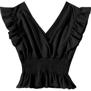 imageLYANER Womens V Neck Ruffle Cap Sleeve Shirred Blouse Sexy Crop Tank TopBlack Solid