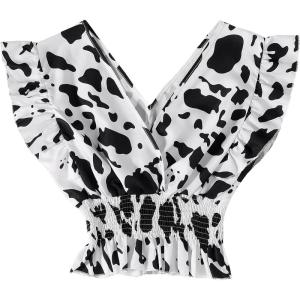 imageLYANER Womens V Neck Ruffle Cap Sleeve Shirred Blouse Sexy Crop Tank TopCow Print