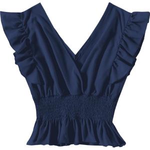 imageLYANER Womens V Neck Ruffle Cap Sleeve Shirred Blouse Sexy Crop Tank TopDeep Blue