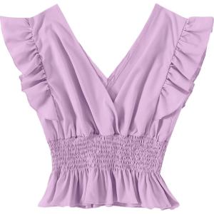 imageLYANER Womens V Neck Ruffle Cap Sleeve Shirred Blouse Sexy Crop Tank TopLight Purple