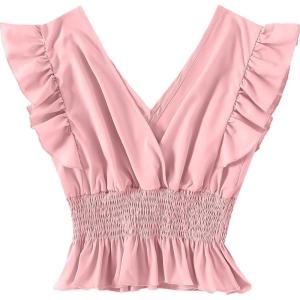 imageLYANER Womens V Neck Ruffle Cap Sleeve Shirred Blouse Sexy Crop Tank TopPink