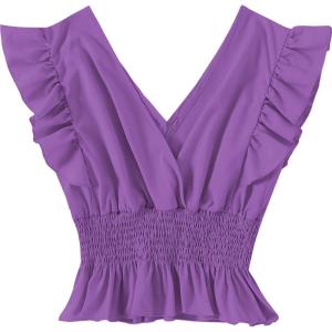 imageLYANER Womens V Neck Ruffle Cap Sleeve Shirred Blouse Sexy Crop Tank TopPurple