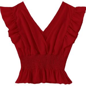 imageLYANER Womens V Neck Ruffle Cap Sleeve Shirred Blouse Sexy Crop Tank TopRed Solid