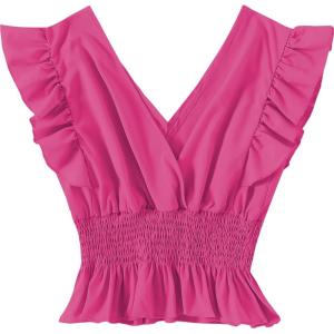 imageLYANER Womens V Neck Ruffle Cap Sleeve Shirred Blouse Sexy Crop Tank TopRose Red