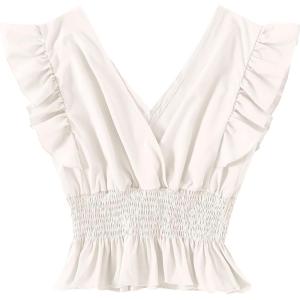 imageLYANER Womens V Neck Ruffle Cap Sleeve Shirred Blouse Sexy Crop Tank TopWhite