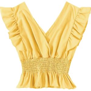 imageLYANER Womens V Neck Ruffle Cap Sleeve Shirred Blouse Sexy Crop Tank TopYellow