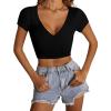 imageLYANER Womens Crop Tops V Neck Short Sleeve Summer Tee Going Out Sexy Top Slim Fit Workout ShirtsBlack