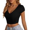 imageLYANER Womens Crop Tops V Neck Short Sleeve Summer Tee Going Out Sexy Top Slim Fit Workout ShirtsBlack