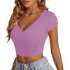 imageLYANER Womens Crop Tops V Neck Short Sleeve Summer Tee Going Out Sexy Top Slim Fit Workout ShirtsPurple