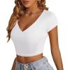 imageLYANER Womens Crop Tops V Neck Short Sleeve Summer Tee Going Out Sexy Top Slim Fit Workout ShirtsWhite