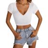 imageLYANER Womens Crop Tops V Neck Short Sleeve Summer Tee Going Out Sexy Top Slim Fit Workout ShirtsWhite
