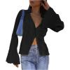 imageLYANER Womens Deep V Neck Button Front Bell Long Sleeve Blouse Shirt TopBlack