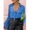 imageLYANER Womens Deep V Neck Button Front Bell Long Sleeve Blouse Shirt TopBlue
