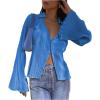 imageLYANER Womens Deep V Neck Button Front Bell Long Sleeve Blouse Shirt TopBlue