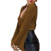 imageLYANER Womens Deep V Neck Button Front Bell Long Sleeve Blouse Shirt TopBrown