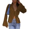imageLYANER Womens Deep V Neck Button Front Bell Long Sleeve Blouse Shirt TopBrown