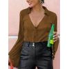 imageLYANER Womens Deep V Neck Button Front Bell Long Sleeve Blouse Shirt TopBrown