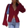 imageLYANER Womens Deep V Neck Button Front Bell Long Sleeve Blouse Shirt TopBurgundy