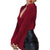 imageLYANER Womens Deep V Neck Button Front Bell Long Sleeve Blouse Shirt TopBurgundy