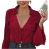 imageLYANER Womens Deep V Neck Button Front Bell Long Sleeve Blouse Shirt TopBurgundy