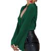 imageLYANER Womens Deep V Neck Button Front Bell Long Sleeve Blouse Shirt TopDark Green