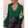 imageLYANER Womens Deep V Neck Button Front Bell Long Sleeve Blouse Shirt TopDark Green
