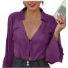 imageLYANER Womens Deep V Neck Button Front Bell Long Sleeve Blouse Shirt TopDark Purple