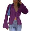 imageLYANER Womens Deep V Neck Button Front Bell Long Sleeve Blouse Shirt TopDark Purple