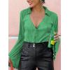 imageLYANER Womens Deep V Neck Button Front Bell Long Sleeve Blouse Shirt TopGrass Green