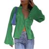 imageLYANER Womens Deep V Neck Button Front Bell Long Sleeve Blouse Shirt TopGrass Green