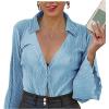 imageLYANER Womens Deep V Neck Button Front Bell Long Sleeve Blouse Shirt TopLight Blue
