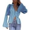 imageLYANER Womens Deep V Neck Button Front Bell Long Sleeve Blouse Shirt TopLight Blue