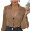 imageLYANER Womens Deep V Neck Button Front Bell Long Sleeve Blouse Shirt TopLight Brown