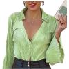 imageLYANER Womens Deep V Neck Button Front Bell Long Sleeve Blouse Shirt TopLight Green