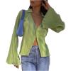 imageLYANER Womens Deep V Neck Button Front Bell Long Sleeve Blouse Shirt TopLight Green