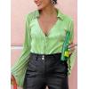 imageLYANER Womens Deep V Neck Button Front Bell Long Sleeve Blouse Shirt TopLight Green