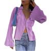 imageLYANER Womens Deep V Neck Button Front Bell Long Sleeve Blouse Shirt TopPurple