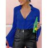 imageLYANER Womens Deep V Neck Button Front Bell Long Sleeve Blouse Shirt TopRoyal Blue