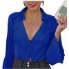 imageLYANER Womens Deep V Neck Button Front Bell Long Sleeve Blouse Shirt TopRoyal Blue